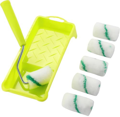 PCXWTLN Mini Paint Roller Set - Includes Roller Brush, Paint Tray and Handle, Paint Rollers and Trays Sets for Painting Wood Metal, Skirting, Ceiling Edges (Pack of 8)