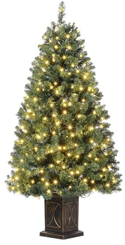 Árbol de Navidad artificial de 145 cm con 300 luces, 8 modos de luz blanca cálida, preiluminado con maceta vintage, decoración navideña para reuniones familiares, oficinas y pasillos