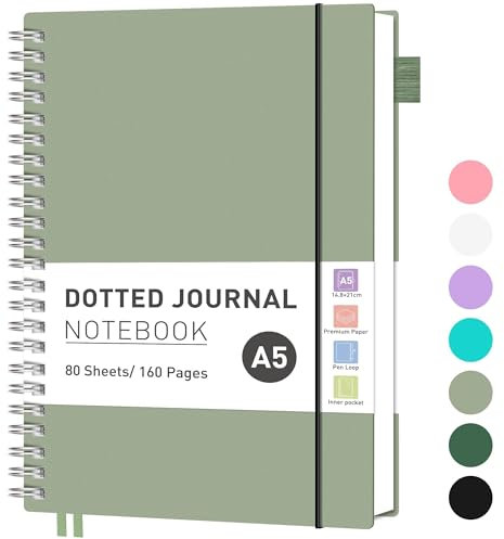 RETTACY Notizbuch A5 Gepunktetes, Bullet Dot Journal, Leichtgewicht Collegeblock, 80 Blatt / 160 Seiten Zum Schreiben, 100gsm, PVC Rinbuch, für Frauen Männer Arbeit Büro, 14.8 x 21cm - Grün