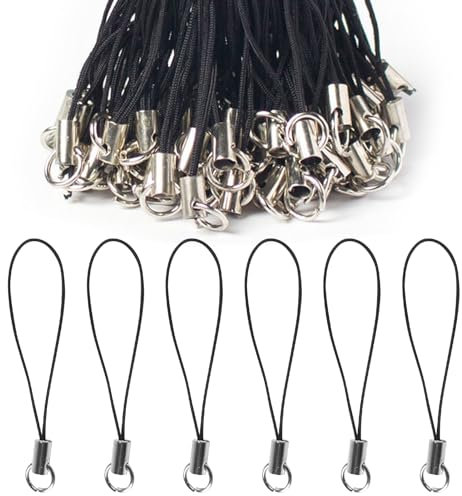 100pcs Mobile Pendant Loops, Hand Wrist Strap Lanyard with Carabiner Split Ring Strap Detachable Phone Charm Cords for DIY Rope (Black)