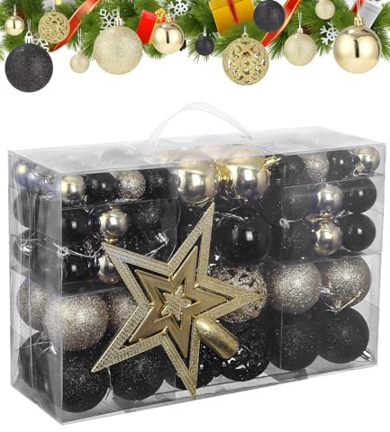 Bixury Christbaumkugeln Weihnachtskugeln Kunststoff, 101 Stück Weihnachtskugeln Set Schwarz Gold Deko mit Christbaumspitze Stern, Weihnachtsbaumschmuck Deko für Drinnen & Draußen