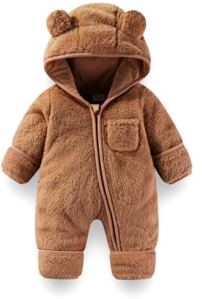 Fairy Baby Baby Snowsuit, Newborn Baby Bear Hooded Footed Romper Fleece Snowsuit Cartoon Flannel Zipper Jumpsuit Fall Winter Outfits Brown 66CM3-6 Months