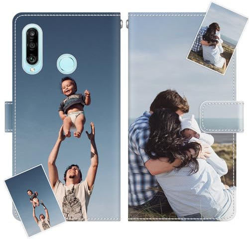 JGOYGYI Personalisierte Leder Handyhülle kompatibel mit Huawei P30 lite,Individuelle Eigenem Foto Bild Text Bildern Foldable Flip Klapphüllen Case hülle+Handykette