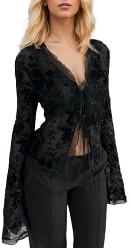 EMOTTOS Sexy See-Through Slim V-Neck Crop Top, Y2K Sheer Ruffled Flared Long Sleeve Mesh Top, Chiffon Fabric Tie Front Short Sheer Top for Women, Black, S