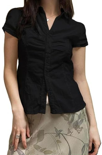 Women's Basic Button Down Blouse Shirts Short Sleeve V Neck Lapel Collar Tight Blouse Tie Up Back Slim Fit Tops Summer Office Shirt (Black,S)