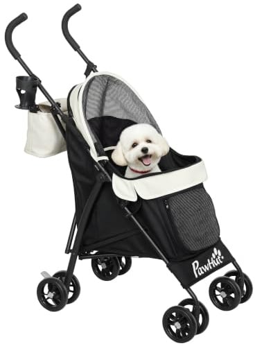 PawHut Kleiner Hundekinderwagen mit Regenschirmgestell Faltbarer Hundetransporter mit waschbarem Kissen Tassenhalter Mesh-Fenster und Aufbewahrungstasche Creme