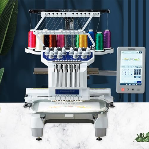 LBMED 10-Nadeln-Stickmaschine Für Fertige Kleidung Und Hüte, Automatische WLAN-Mustermaschine Mit 4 Stickrahmentypen, Kleiner Schneemann/Gitterpositionierung, Einstellbarer Oberfadenspanner