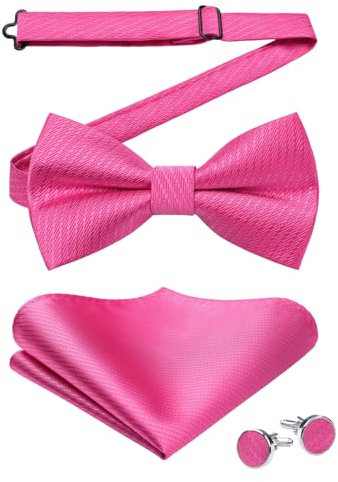 Enlision Papillon Fucsia Uomo con Fazzoletto e Gemelli Set Papillon da Uomo Regolabile e Pre-legato per Feste di Matrimonio