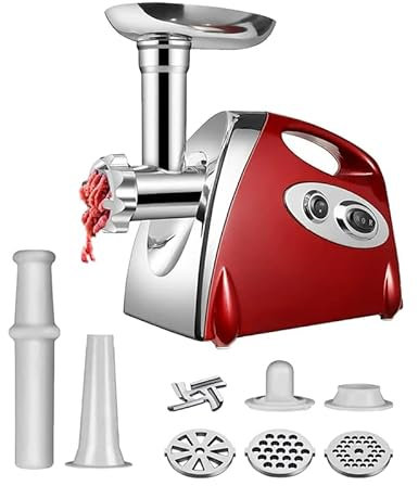 Kouamor Fleischwolf, 3-in-1 Elektrischer Fleischklammer [2800 W max] mit 3 Edelstahl-Schleifplatten, Fleischklammer, Multi Burger-Presse, Hausgebrauch, Edelstahl (Rot)