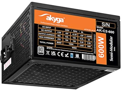 Akyga ATX Bloc d'alimentation 600 W AK-C2-600 Semi-modulaire P4+4 2X PCI-E 6+2 Broches 5X SATA 3X Molex Fan 12 cm 80 Plus