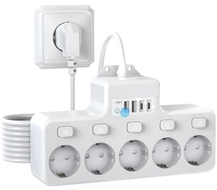 Energiesparende Steckdosenleiste Wandmontage mit 5 Fach, 2 USB-A-, 2 USB-C-Anschlüssen, einzeln schaltbar, 1,8 m Verlängerungskabel