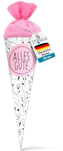 itenga Geschwisterschultüte 35cm Design Pflanzen/Floral - als Geschenkverpackung oder kleine Schultüte für Kinder Erwachsene Schulbeginn Berufsstart Studium (Florales Muster - Alles Gute rosa)