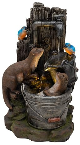 Fontaine de Jardin Cascade Électrique Extérieure Polyresine Gris Lumière LED Blanc Chaud Pompe à Brancher Câble de 7 m Statue Droit Décor Maison Terrasse Otter Oasis [Brosse de Nettoyage INCLUS]