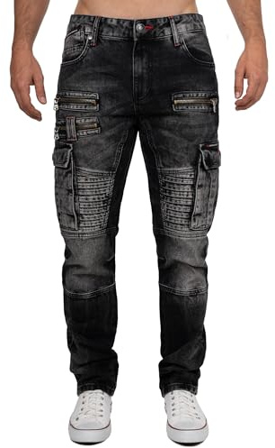 Cipo & Baxx Herren Denim Jeans mit markanten Biker- und Cargo-Details | Verschiedene Designs mit Destroyed-, Stone-Washed- und Cargo-Details, Ziernähten, Taschen und Reißverschlüssen