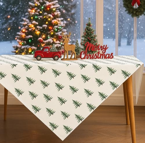 JANGYUHH Grün Weihnachten Tischdecke Abwaschbar Weihnachtsbaum Weihnachtsdeko Quadrat 85x85 cm leinenoptik Tischtuch Tischwäsche Wohnzimmertisch Table Cloth Christmas Party