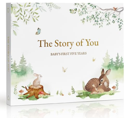 Livre souvenir de bébé pour garçons et filles – Livre de 5 ans – Carnet d'étapes mensuelles – Journal neutre – Album photo de la naissance à 5 ans – Cadeau pour fête prénatale et nouvelle maman, forêt