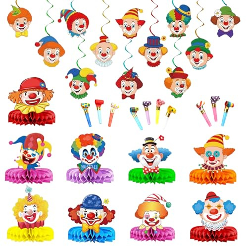 Clown Tischdeko Karneval 31er Set Faschingsdeko Zirkus Deko 3D Wabenbälle Clown Deko Karneval Spiral Girlanden Karneval Tischdeko für Karneval Zirkus Geburtstag Party
