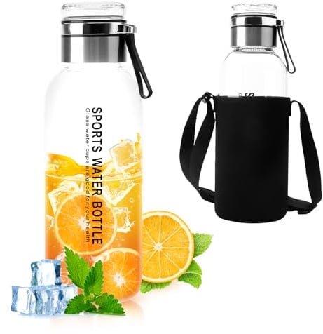 GZRXIOUS Bouteille en verre de 1,5 l - Gourde en verre - Bouteille d'eau en verre - Bouteille en verre avec protection - Carafe en verre avec filtre - Bouteille en verre avec couvercle en verre