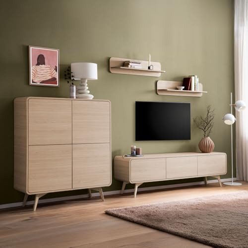 Lomadox Wohnwand in Eiche minimalistisches Design, Highboard, Lowboard & Wandregale, 4-teilig, Wohnzimmer-Set, Wohnmöbelset, Fernsehwand, Fernsehschrank, TV-Schrank