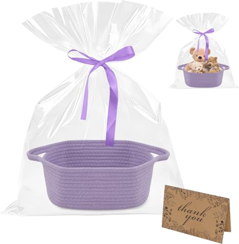 Geschenkkorb Leer, Baumwollsei Präsentkorb Leer mit Geschenktüten Grußkarten und Bändern, Geflochtener Korb Aufbewahrungskorb mit Griff für Geburtstage, Babypartys, Feiertage(Lila)