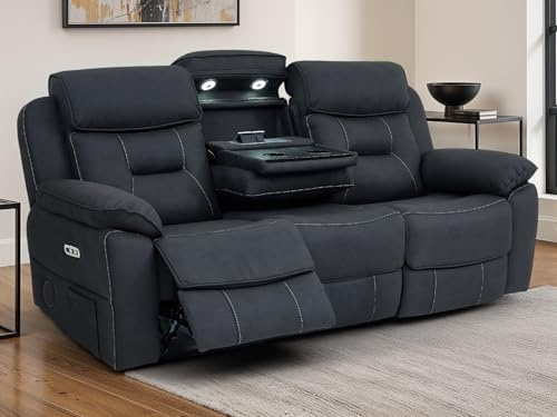 REKLINE Florence Electric Recliner Sofa | Fabric 3 Seater Sofa with LED Lights, Massage, Bluetooth Speaker, Power Headrest, USB Charging Ports & Storage Drawer | Home Cinema Sofa (Charcoal, 3 Seater)
