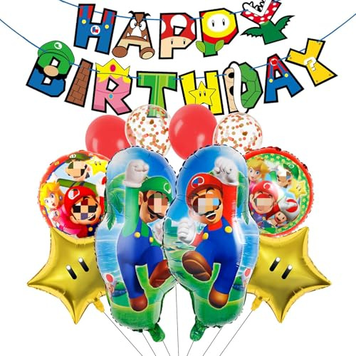 11 Stück Super Bro Geburtstagsdeko Folienballon Set, Cute Kindergeburtstag Deko, Cartoon Luftballons Geburtstag Dekoration Set für Kinder Jungen Mädchen