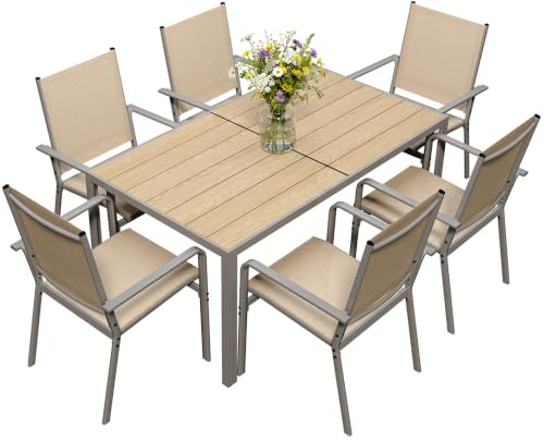 Xbro Gartenmöbel Set 6 Personen, 7-teiliges Gartenmöbel Set 6 Stühle mit Tisch, Gartentisch mit Stühlen Set, Terrassenmöbel Wetterfest, Stapelbare Textilene Gartenstühle für Garten, Balkon
