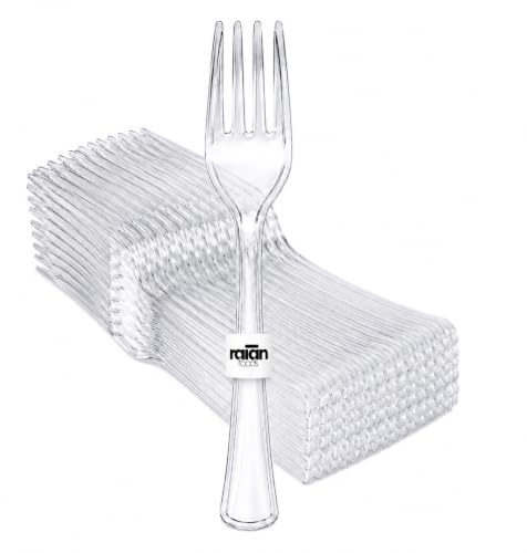 RAIAN Tenedores Plástico Desechables Reutilizables Transparentes 100 Uds | Cubiertos DESECHABLES prácticos para fiestas, cumpleaños y reuniones. Diseño transparente ideal para eventos y catering