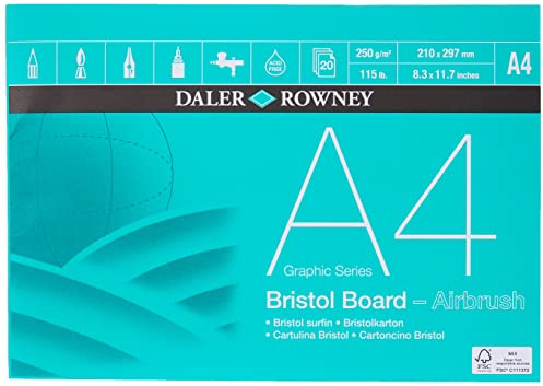 Daler-Rowney Graphic Series Smooth Surface 250gsm A4 Bristol Board Pad, Glued 1 Side, Acid-Free, 20 White Sheets, Ideal for Professional Artists & Students