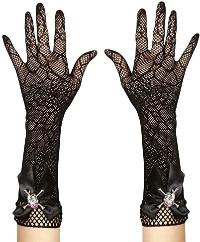 W WIDMANN MILANO Party Fashion - Spitzenhandschuhe Spinne mit Totenkopf, schwarz, Accessoire, Halloween