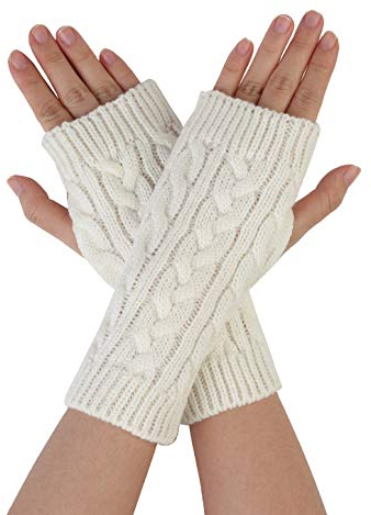 sourcing map Women's Ribbed Wrist Arm Warmers Stretchy Cable Knitted Fingerless Gloves White One Size