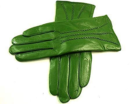 Damen Premium Quality Super Weich Leder Handschuhe Pelzfutter Streifen Detail Slim Fit - Grasgrün, S