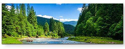 Paul Sinus Art Leinwandbilder | Bilder Leinwand 120x40cm wunderschöne Landschaft mit Bergen, Wald und Bach