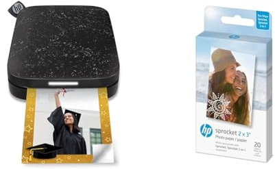 HP Sprocket Portable 5x7.6 cm Sofortbilddrucker (Schwarz) & Sprocket 5x7,6 cm Premium Zink Sticker Fotopapier (20 Blatt) Kompatibel Sprocket Fotodruckern
