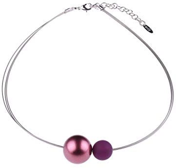 Adi Modeschmuck leichter Halsreif 'Jasmine', eine 14mm original Polaris Perle mit einer farblich abgestimmten Metallic Perle, handgefertigt in Berlin (Brombeer mit Rot metallic)