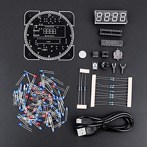 DIY Digital LED Clock Kit, Multifunktionale Lichtsteuerung Rotation Digital LED Elektronischer Temperaturwecker für Heim, Schule und Büro(blau + Kabel + Gehäuse)