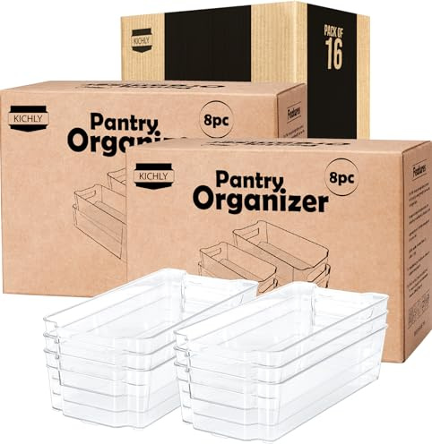 KICHLY Stackable Fridge Organisers - Set of 16 Storage Containers with Handles - Multipurpose Organizer Boxes For Kitchen, Fridge, Cupboard, Snacks, Cans, Tins, Pantry, Under Sink - BPA Free (Clear)
