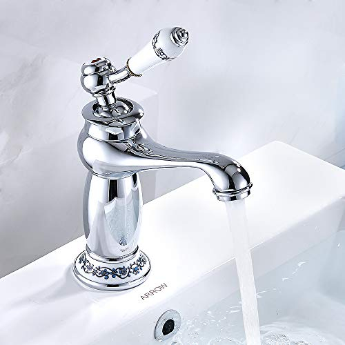 Waschtischarmaturen Waschbeckenarmatur Wasserhahn Bad Weiße Keramik-Material Griff Einhebelmischer Wasserhahn Bad Messing Retro Badarmatur für Badezimmer Küchen (Chrom)