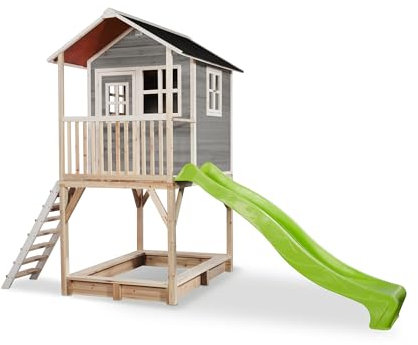 EXIT Toys Loft 700 Holzspielhaus für Draußen mit Sandkasten & Langer Rutsche - Wasserdichtes Gartenhaus für Kinder - Einfache Montage - 100% FSC Zedernholz - 391x190x269cm - Grau