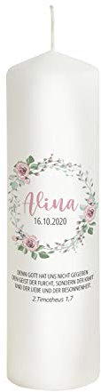 Liamoria® Taufkerze Kranz mit rosa Rosen für Mädchen personalisiert 25 cm Modell Alina - Wunderschönes Geschenk zur Taufe