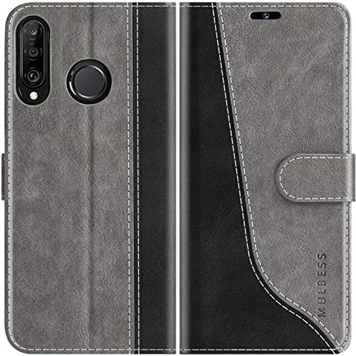 Mulbess für Huawei P30 Lite / P30 Lite New Edition Hülle, Handyülle Leder mit Kartenfach, Klapphülle mit Magnetverschluss, Flip Case Etui Handytasche Schutzhülle, Stilvoll Grau