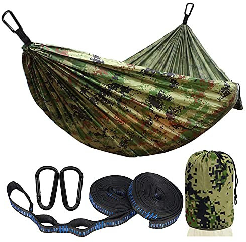 Ultra-Léger Hamac Bivouac D'Extérieur, Hamac Toile de Parachute Portable, Double Hamac Survie Max Payload 300kg, 270x140cm, 2 Mousquetons, 2 Sangles, pour Jardin D'Interieur/Extérieur,Camouflage
