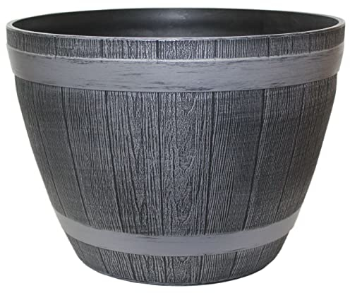 Muddy Hands Grey Wooden Barrel Effect Plant Pot Round Plastic Planter Outdoor Garden Flower Tree Herb Water Feature (Single - Small Ø 28cm)
