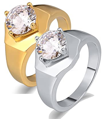 ANAZOZ 2 Stück Eheringe Paarpreis Edelstahl 12Mm Solitärring Diamantring mit Zirkonia Siegelring Trauringe Partnerringe Silber Gold Eheringe Natur Frau:57 (18.1) & Mann:67 (21.3)
