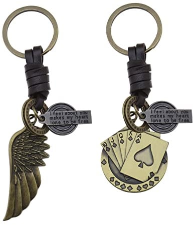 VGOL Porte-clés Aile d'ange/Cartes de Poker Pendentif Vintage en Cuir Alliage Charme Porte-clés Décoration Cadeau pour Femmes Hommes Sac à Dos Bronze
