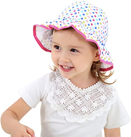 Baby Sonnenhut Mädchen Schirmmütze Kinder Hüte Flapper UV Schutz Caps Faltbarer Eimer Hut Weiche Baumwolle Strand Hüte Hut des Breiten Krempe Fischers Bunte Punkte,52 cm