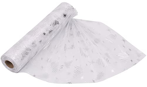 25m x 29cm Organza Roll Snow Sheer Glitter Fabric with Christmas Tree & Snowflakes Design for Christmas Wreath, Table Runner, Chair Sashes, DIY Gift Wrapping, New Year Party Decoration, White