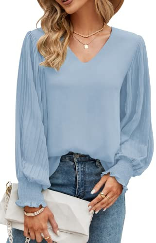 Odosalii Ladies Tops,Long Sleeve Shirts Women,Solid Color Cotton Smart Jumpers Casual V-Neck Business Tunic Blouse (Grey Blue,Small)