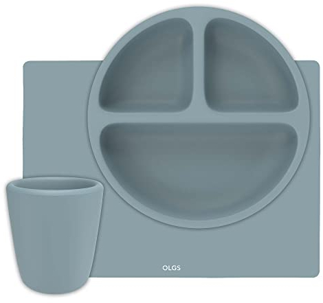 OLGS Silikon Kindergeschirr 3er Set für Baby & Kind | Kinder Geschirr, Teller, Becher, Tischset BASIC | Kinderteller, Babyteller Esslernset BPA Frei Ether Blau | Silikonmatte, Kinderbecher ab 6 Monate