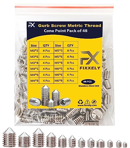 FIXXELY Cone Point & Hex Head Grub Screws Set of 48 (M3, M4, M5, M6) - 304 Stainless Steel Assorted Sizes Ideal for Door Handles, Home Repairs & Fixtures